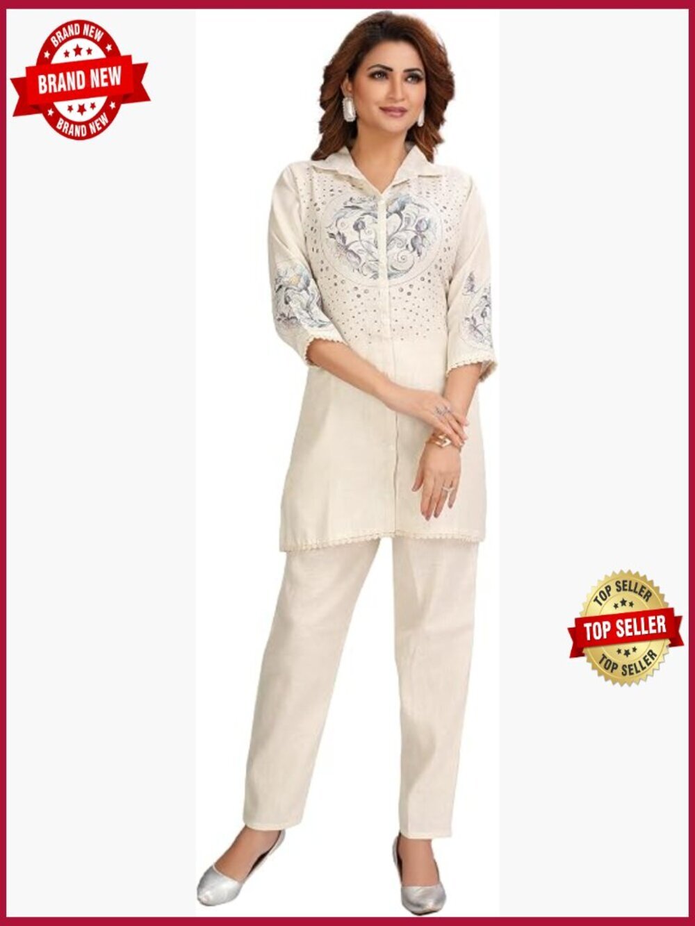 Linen Cotton Tunic & Pants Set – Digital Print Top with Lace, Co-ord Kurta Set